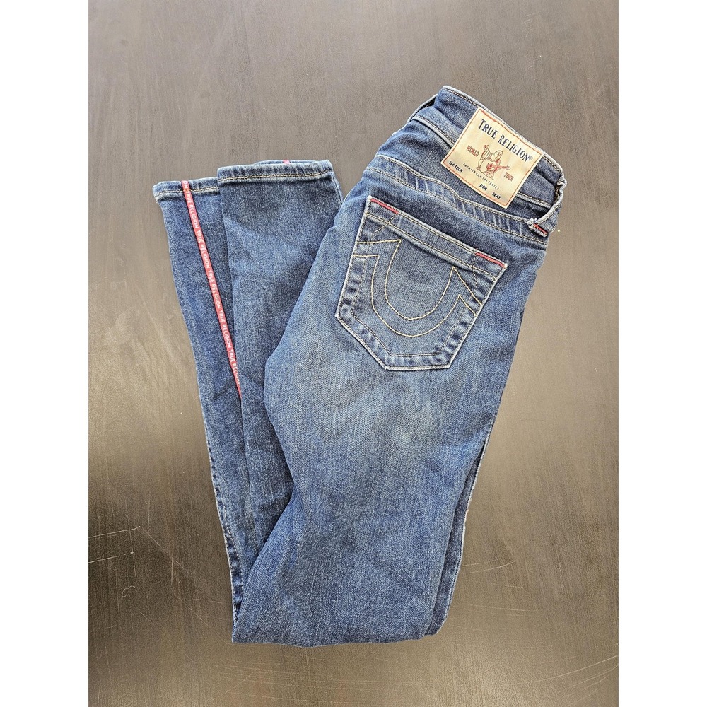 True Religion Jeans Womens 26 Blue Jennie Curvy‎ Mid Rise Skinny Red Trim Denim